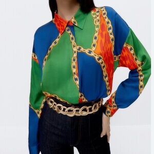 Uterque Blue and Green Chain Print Blouse